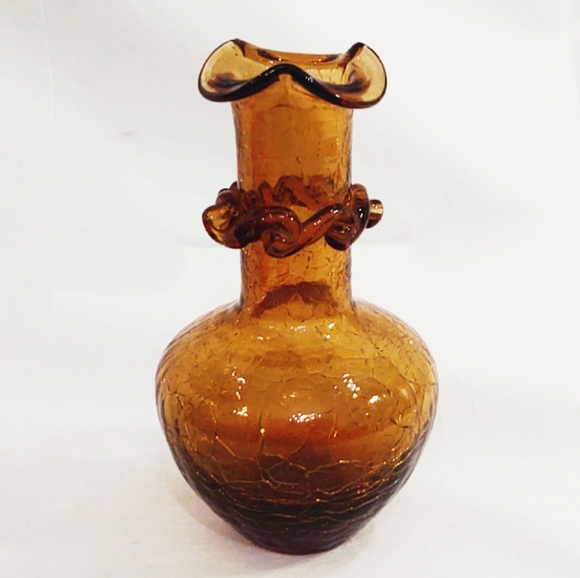 Vintage Mid-Century Modern Pilgrim Amber Crackle Glass Pitcher and Vase - Picture 3 of 14